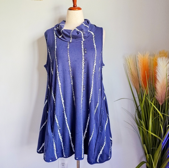 Snapdragon & Twig, Navy Blue Striped Cowl Neck Pocket Tunic Dress Size Medium - Picture 1 of 9